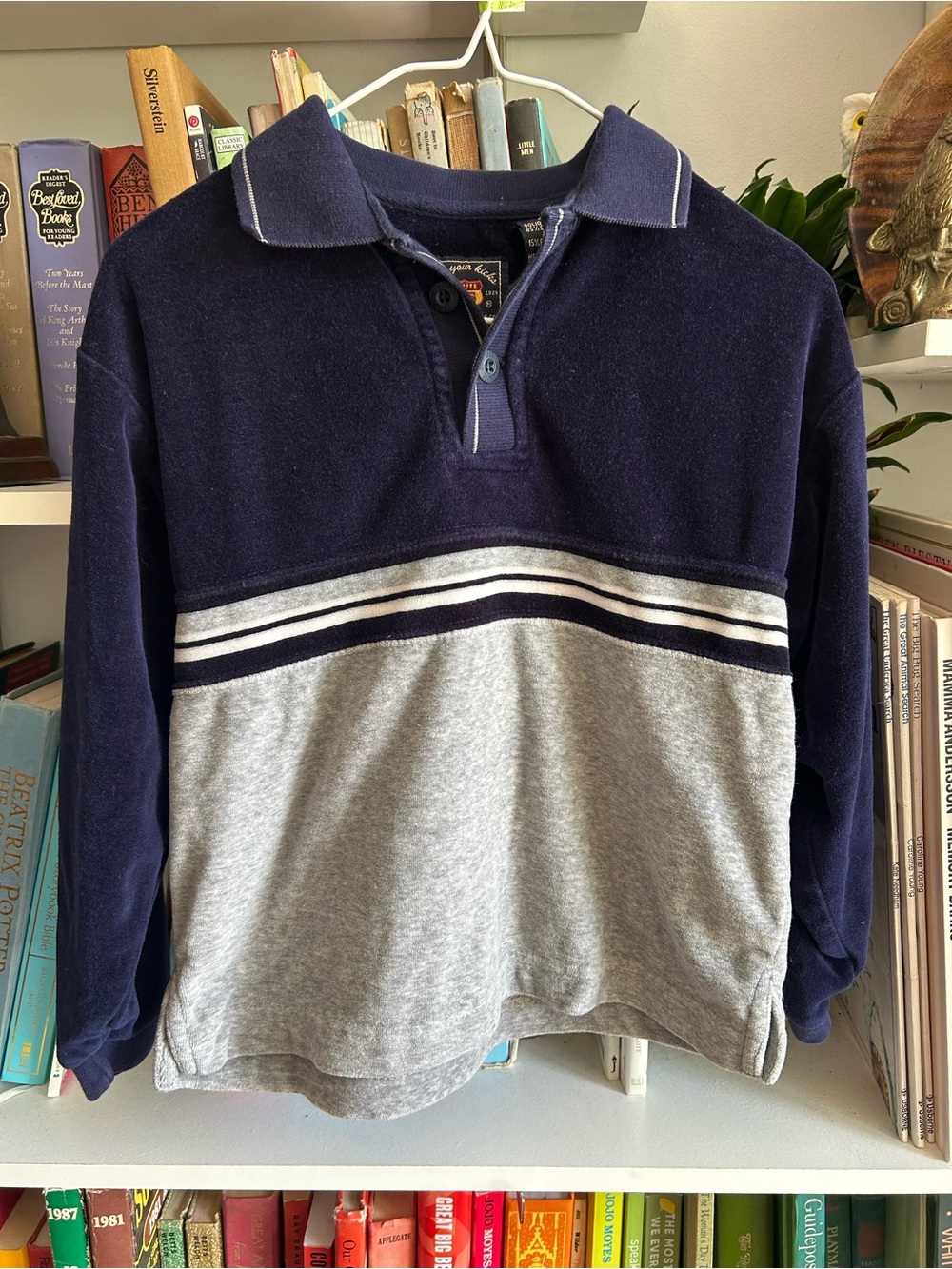 Route 66 Navy and Gray Striped button/Up velour Sweater